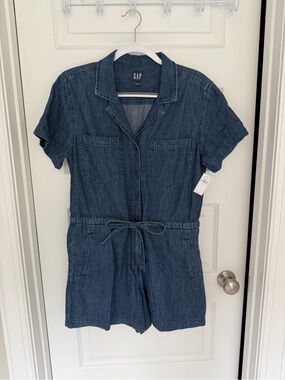 GAP Short-Sleeve Denim Romper in Indigo Blue